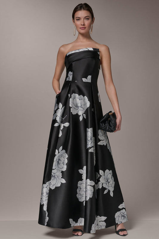 MIKADO FLORAL STRAPLESS BALL GOWN - Black Cream