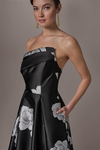 MIKADO FLORAL STRAPLESS BALL GOWN - Black Cream