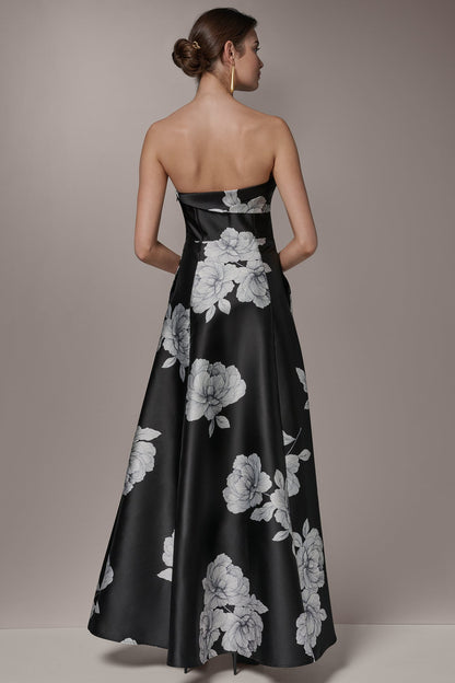 MIKADO FLORAL STRAPLESS BALL GOWN - Black Cream