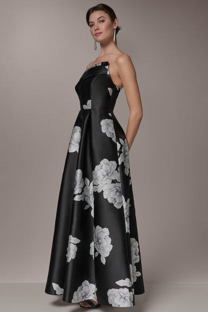 MIKADO FLORAL STRAPLESS BALL GOWN - Black Cream