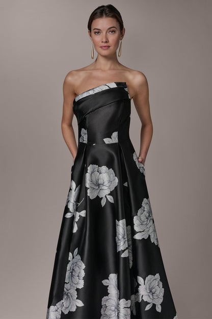 MIKADO FLORAL STRAPLESS BALL GOWN - Black Cream