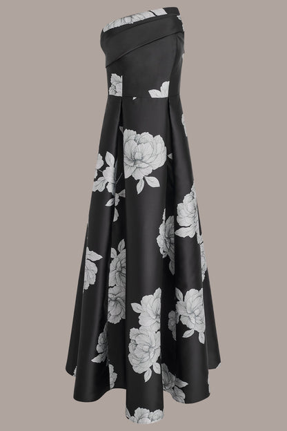 MIKADO FLORAL STRAPLESS BALL GOWN - Black Cream