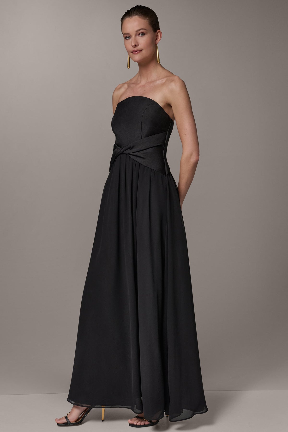 MIKADO AND CHIFFON STRAPLESS TWIST GOWN - Black