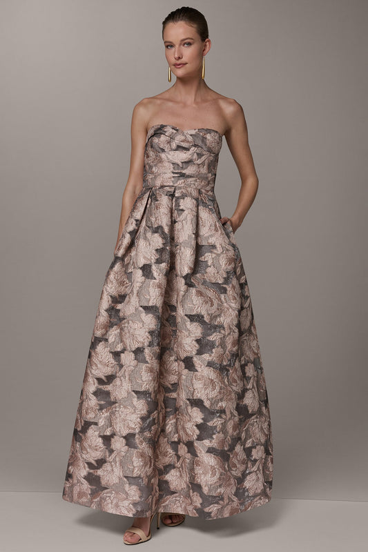 FLORAL-JACQUARD STRAPLESS BALL GOWN - Snow Petal Multi