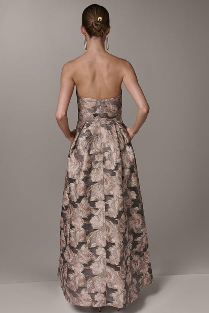 FLORAL-JACQUARD STRAPLESS BALL GOWN - Snow Petal Multi