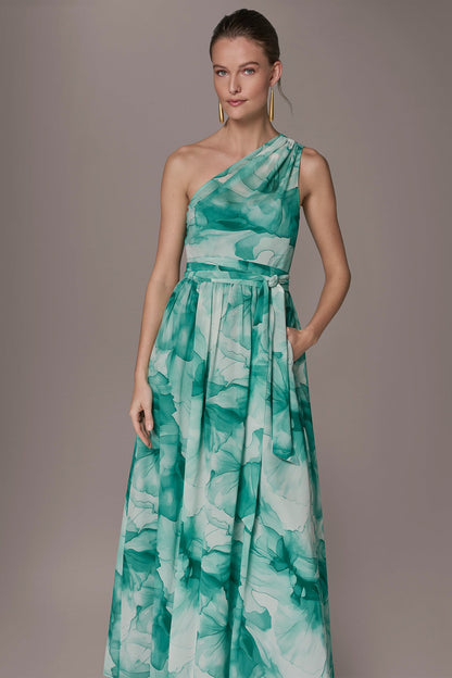 CHIFFON FLORAL ONE-SHOULDER GOWN - Lawn Multi