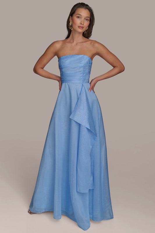ORGANZA STRAPLESS CASCADING GOWN - cielo