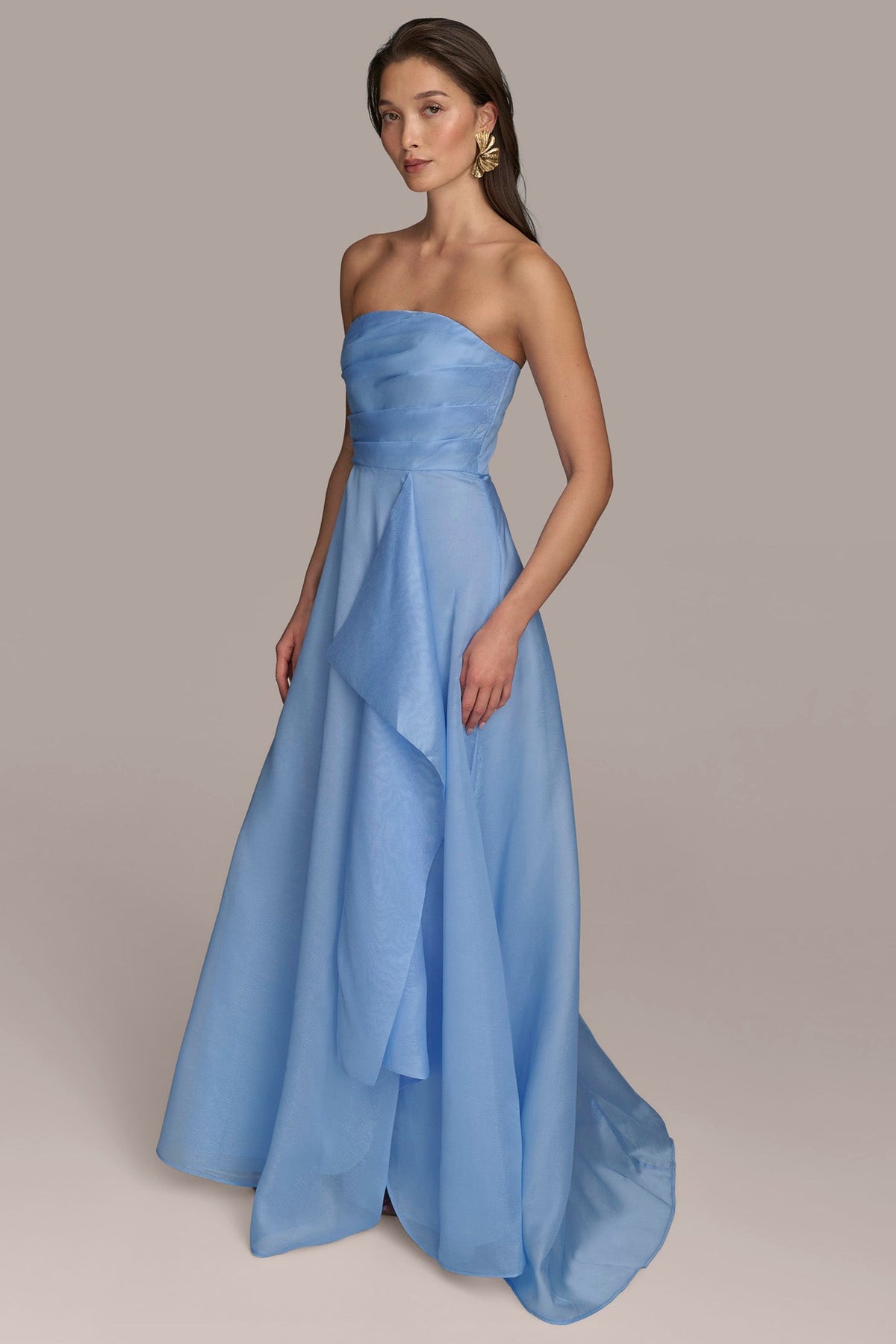 ORGANZA STRAPLESS CASCADING GOWN - cielo