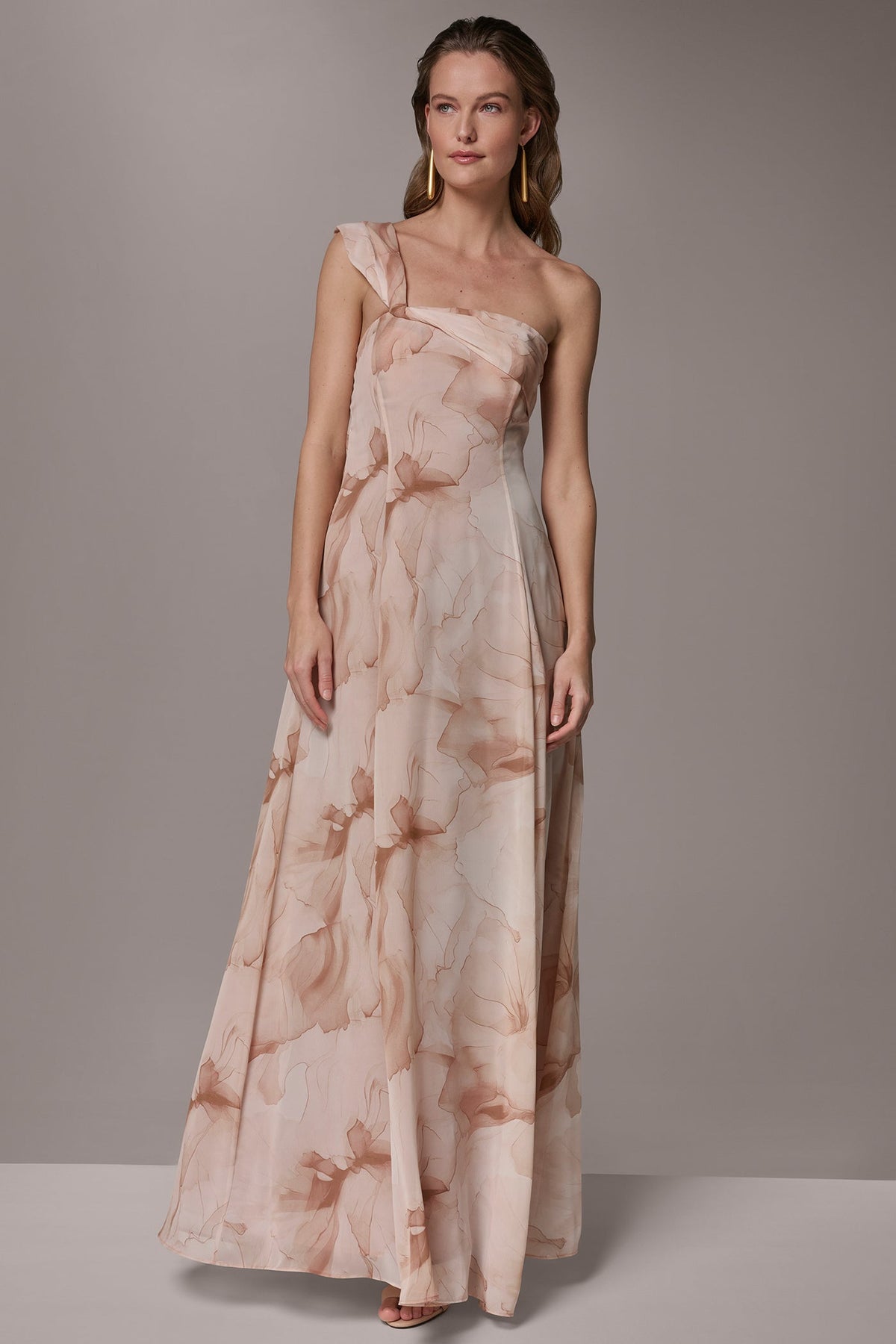 CHIFFON FLORAL ONE-SHOULDER TWIST BALL GOWN - Umbria Multi