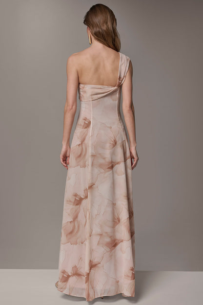CHIFFON FLORAL ONE-SHOULDER TWIST BALL GOWN - Umbria Multi