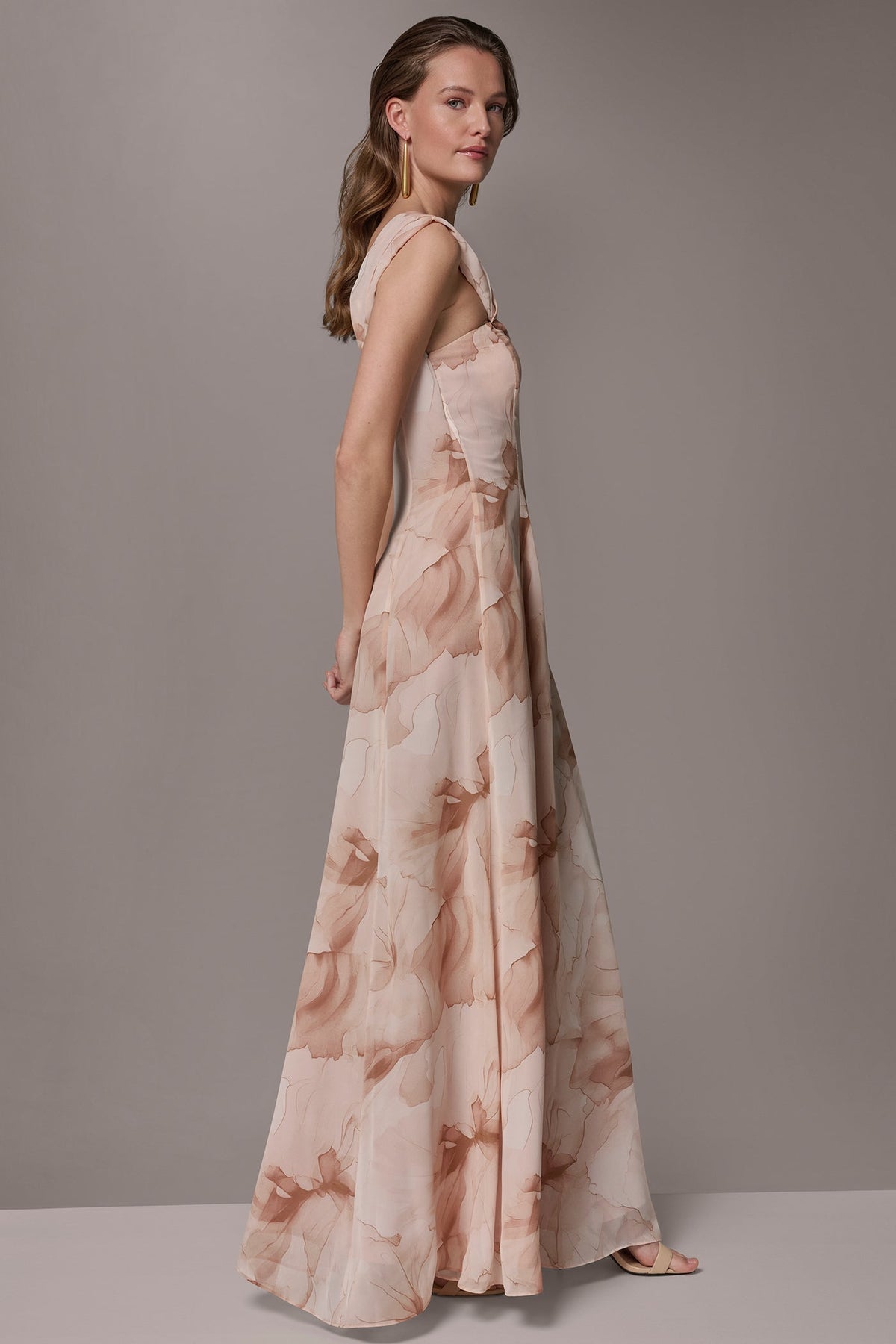 CHIFFON FLORAL ONE-SHOULDER TWIST BALL GOWN - Umbria Multi