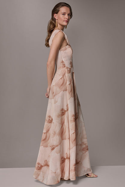 CHIFFON FLORAL ONE-SHOULDER TWIST BALL GOWN - Umbria Multi