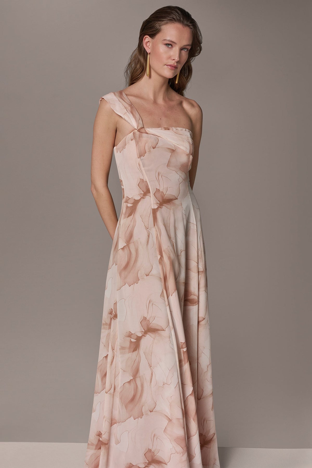 CHIFFON FLORAL ONE-SHOULDER TWIST BALL GOWN - Umbria Multi