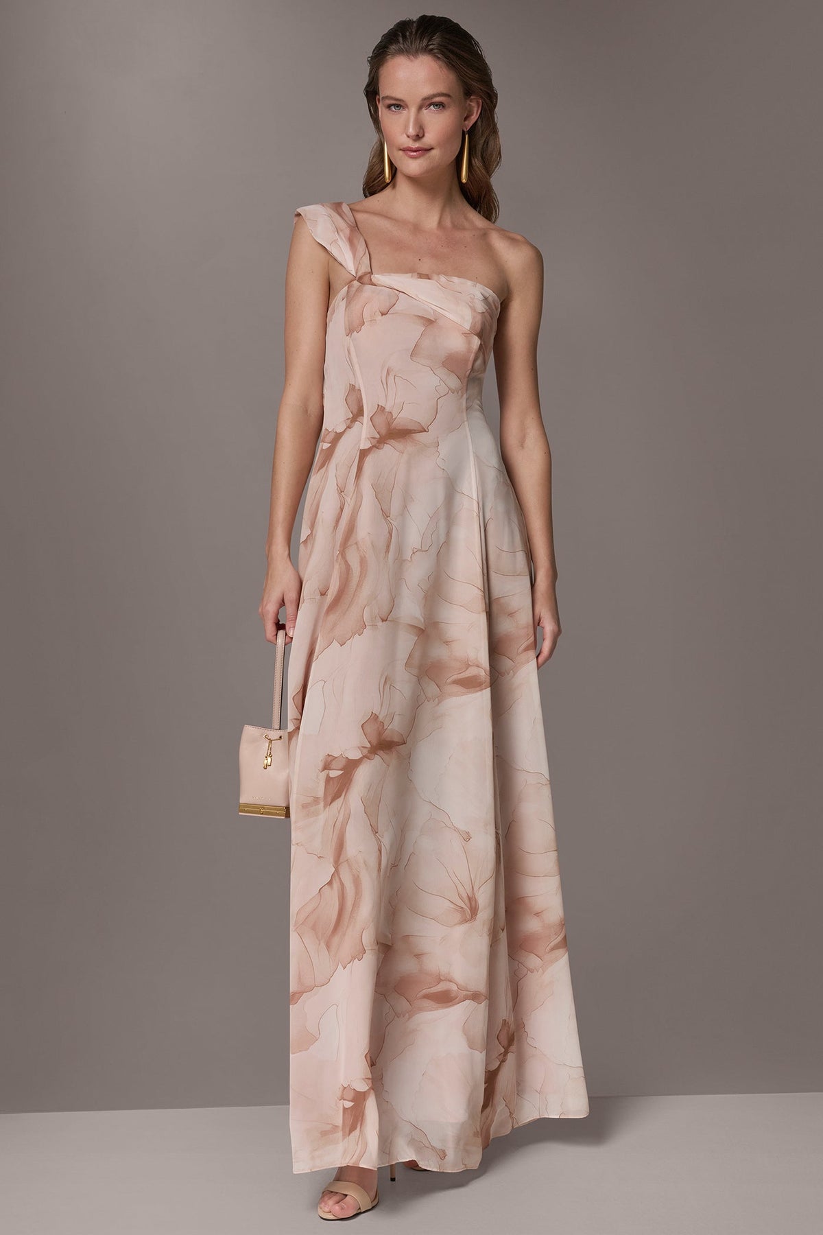 CHIFFON FLORAL ONE-SHOULDER TWIST BALL GOWN - Umbria Multi