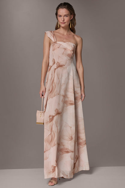 CHIFFON FLORAL ONE-SHOULDER TWIST BALL GOWN - Umbria Multi