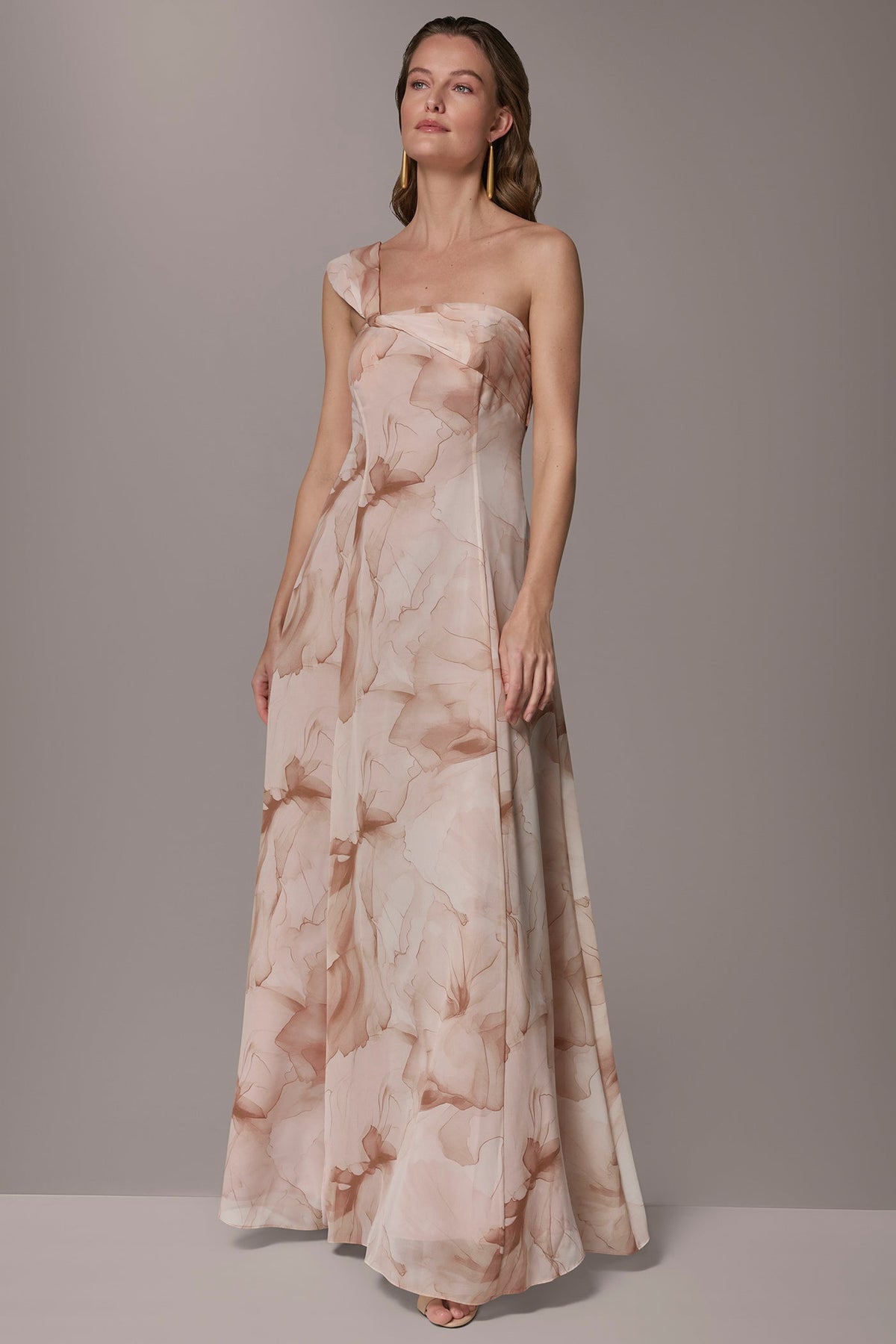 CHIFFON FLORAL ONE-SHOULDER TWIST BALL GOWN - Umbria Multi