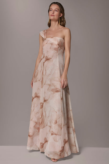 CHIFFON FLORAL ONE-SHOULDER TWIST BALL GOWN - Umbria Multi