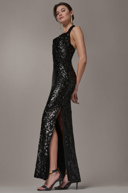 SEQUIN HALTER GOWN - Black