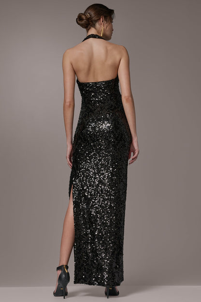 SEQUIN HALTER GOWN - Black