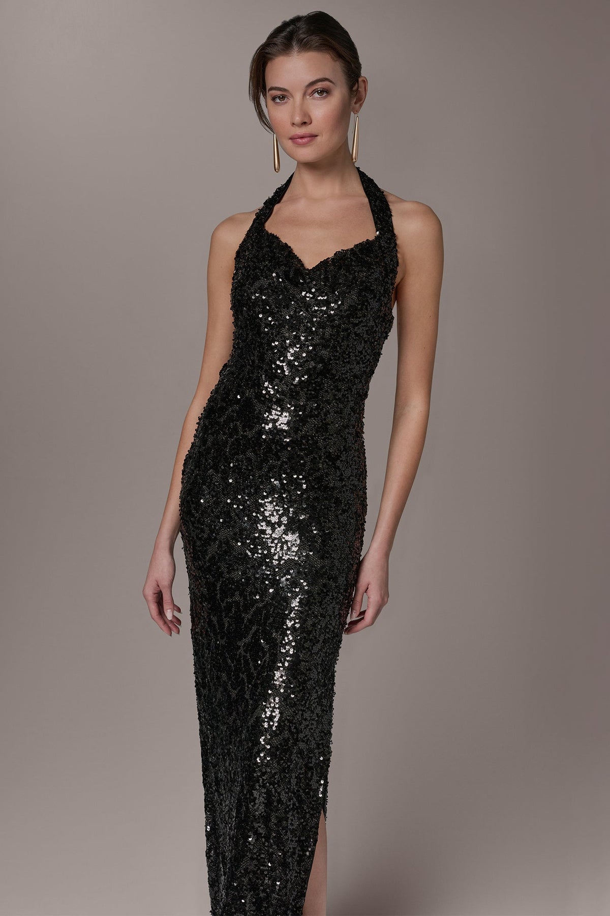 SEQUIN HALTER GOWN - Black
