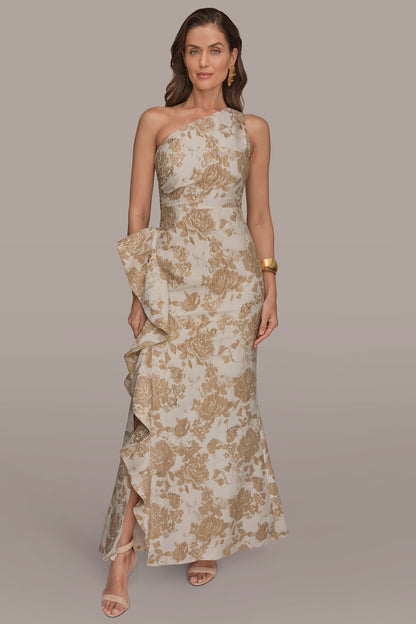 FLORAL-JACQUARD ONE-SHOULDER RUFFLE GOWN - Gold Multi