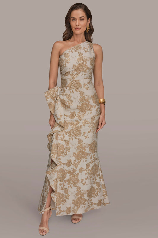 FLORAL-JACQUARD ONE-SHOULDER RUFFLE GOWN - Gold Multi