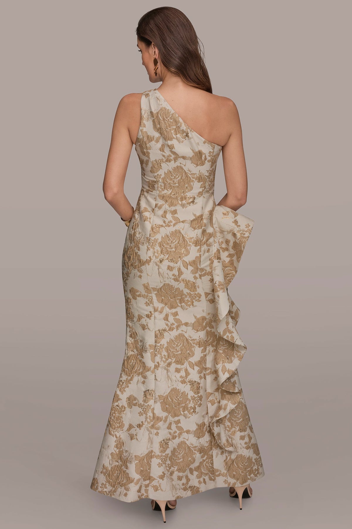 FLORAL-JACQUARD ONE-SHOULDER RUFFLE GOWN - Gold Multi