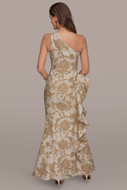 FLORAL-JACQUARD ONE-SHOULDER RUFFLE GOWN - Gold Multi