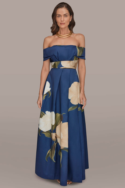 MIKADO FLORAL OFF-THE-SHOULDER BALL GOWN - Ink Multi