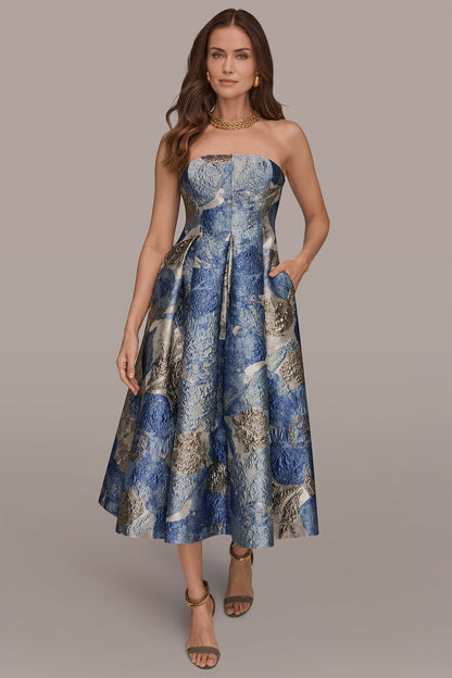 METALLIC FLORAL-JACQUARD SLEEVELESS MIDI GOWN - Washed Indigo Multi
