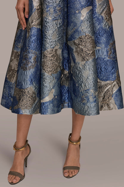 METALLIC FLORAL-JACQUARD SLEEVELESS MIDI GOWN - Washed Indigo Multi