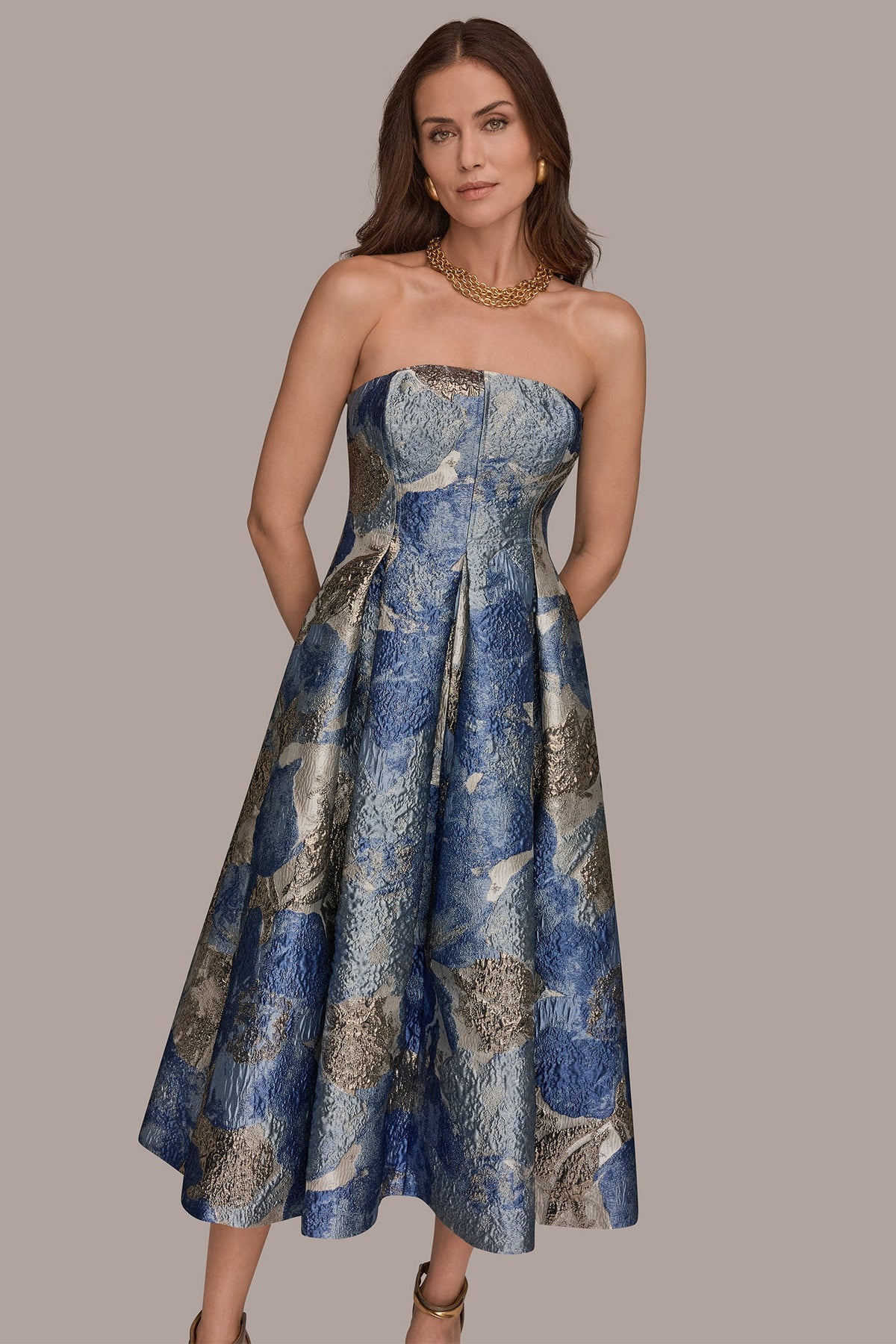 METALLIC FLORAL-JACQUARD SLEEVELESS MIDI GOWN - Washed Indigo Multi