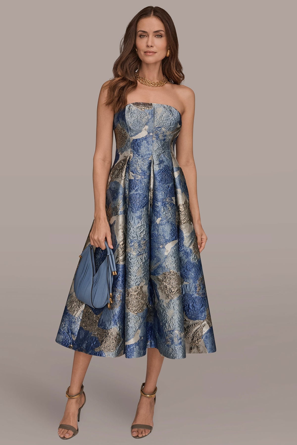 METALLIC FLORAL-JACQUARD SLEEVELESS MIDI GOWN - Washed Indigo Multi