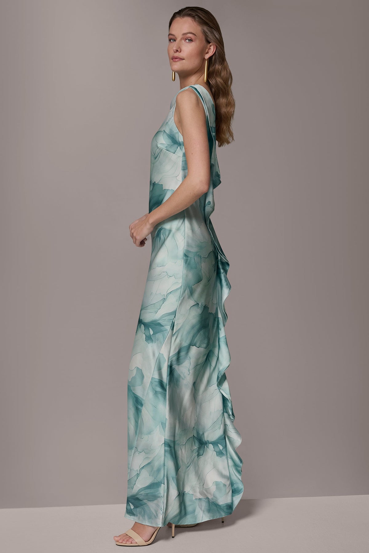 CHARMEUSE FLORAL RUFFLE GOWN - Waterlily Multi