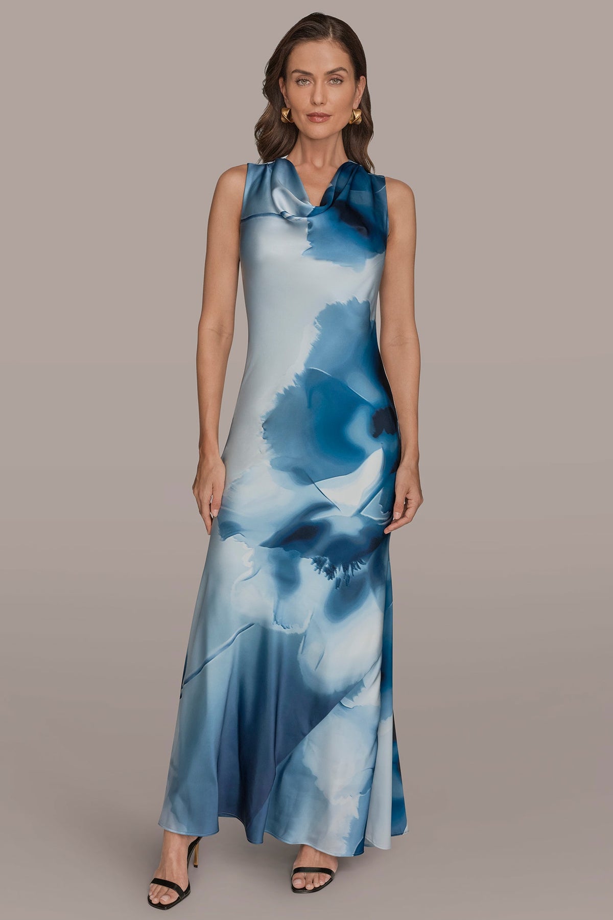 CHARMEUSE SLEEVELESS FLORAL GOWN - Washed Indigo Multi