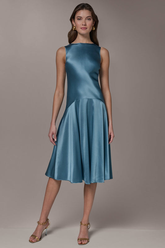 SILK-CHARMEUSE MIDI A-LINE DRESS - Washed Indigo