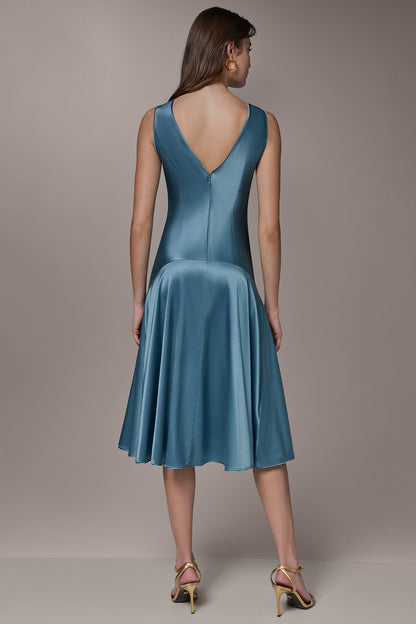 SILK-CHARMEUSE MIDI A-LINE DRESS - Washed Indigo