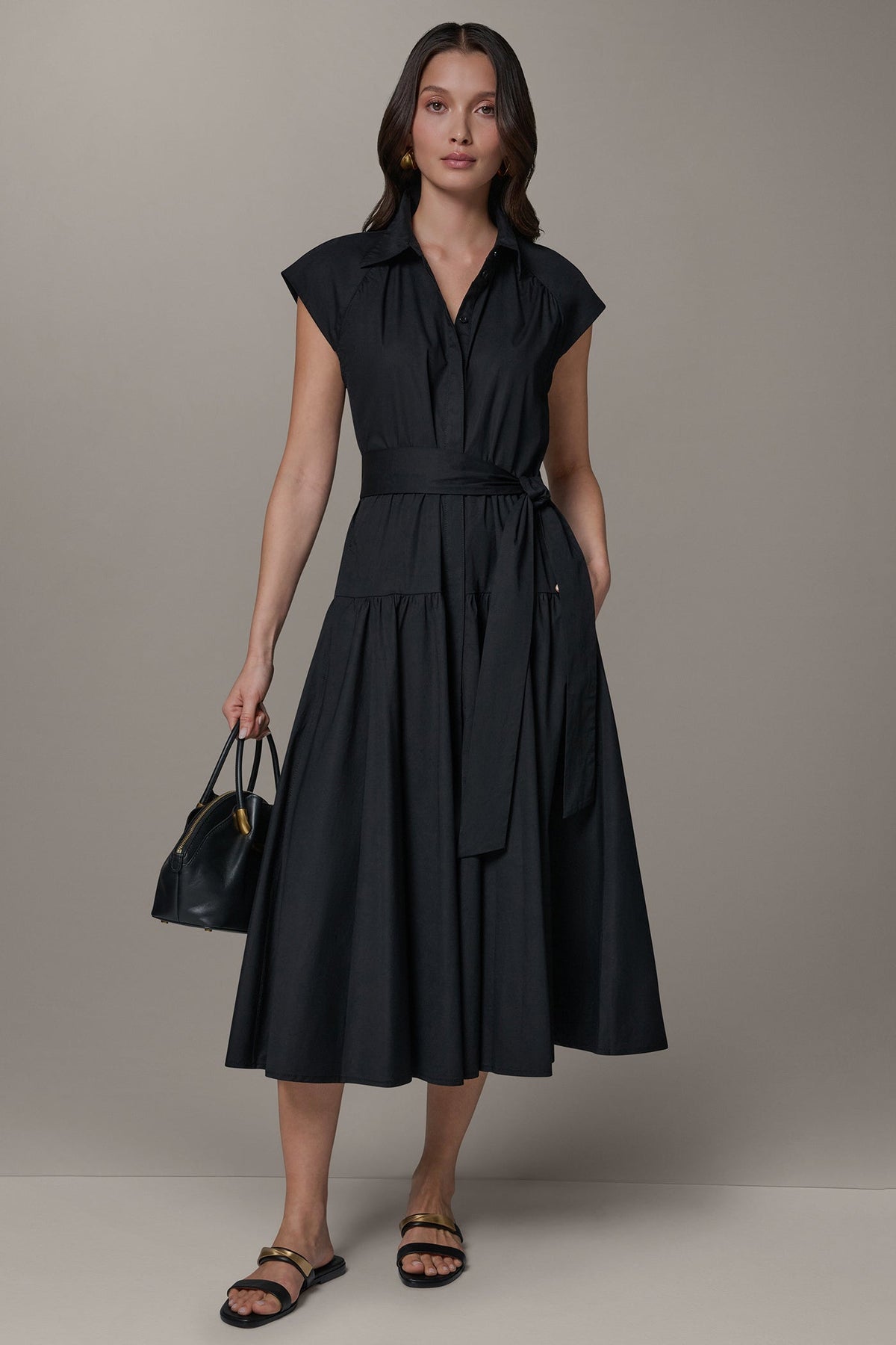 CAP SLEEVE MIDI SHIRT DRESS - Black