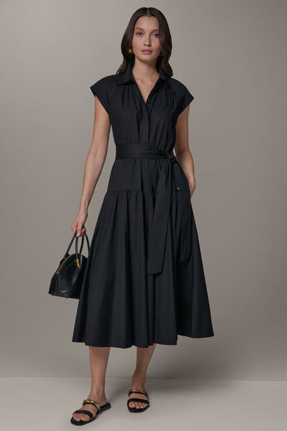 CAP SLEEVE MIDI SHIRT DRESS - Black