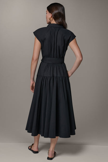 CAP SLEEVE MIDI SHIRT DRESS - Black