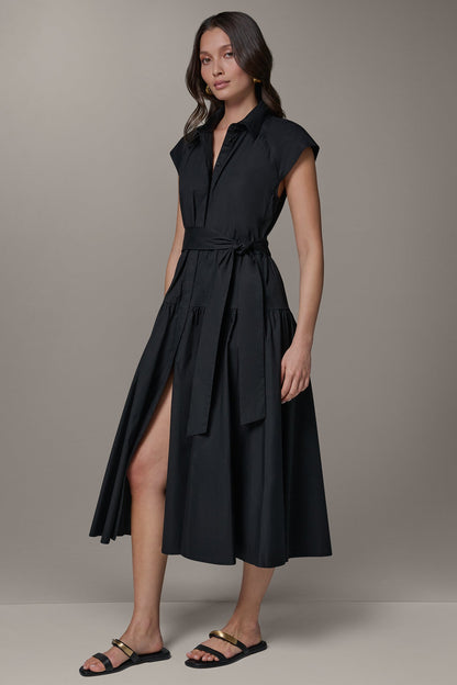 CAP SLEEVE MIDI SHIRT DRESS - Black