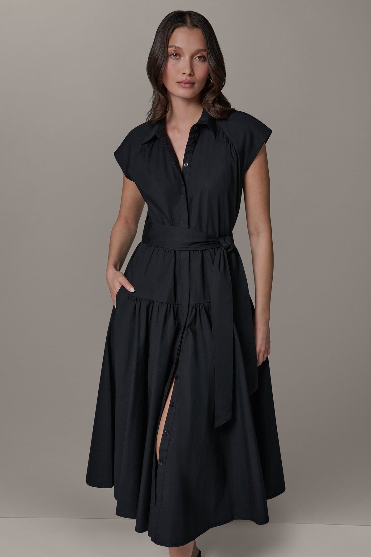 CAP SLEEVE MIDI SHIRT DRESS - Black
