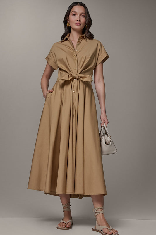 SHORT SLEEVE TIE FRONT MAXI SHIRT DRESS - Fawn