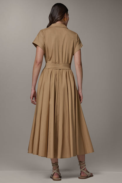 SHORT SLEEVE TIE FRONT MAXI SHIRT DRESS - Fawn
