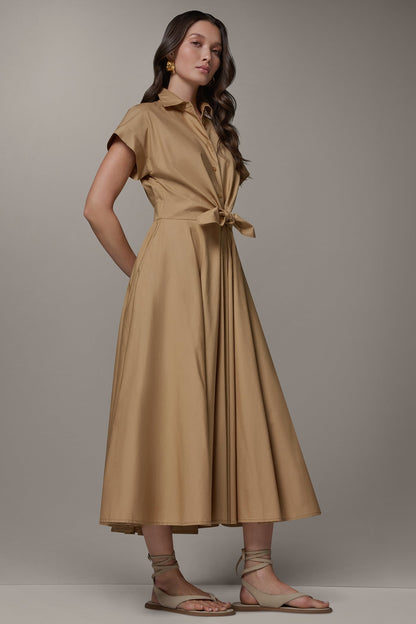 SHORT SLEEVE TIE FRONT MAXI SHIRT DRESS - Fawn