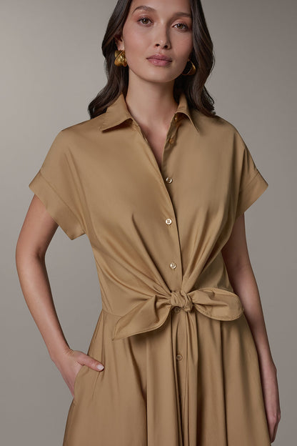 SHORT SLEEVE TIE FRONT MAXI SHIRT DRESS - Fawn