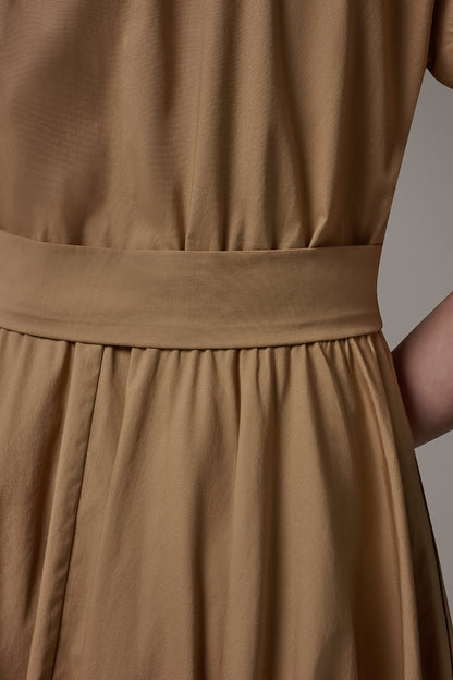 SHORT SLEEVE TIE FRONT MAXI SHIRT DRESS - Fawn
