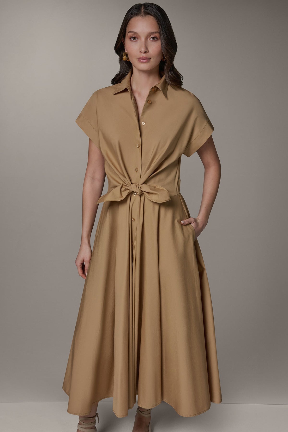 SHORT SLEEVE TIE FRONT MAXI SHIRT DRESS - Fawn