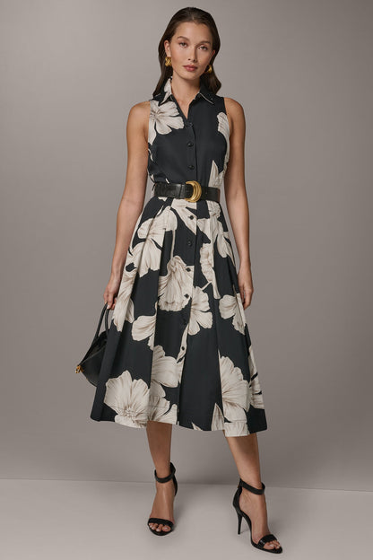 SLEEVELESS MIDI HALTER SHIRT DRESS - Black Multi