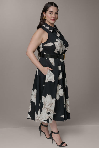SLEEVELESS MIDI HALTER SHIRT DRESS - Black Multi